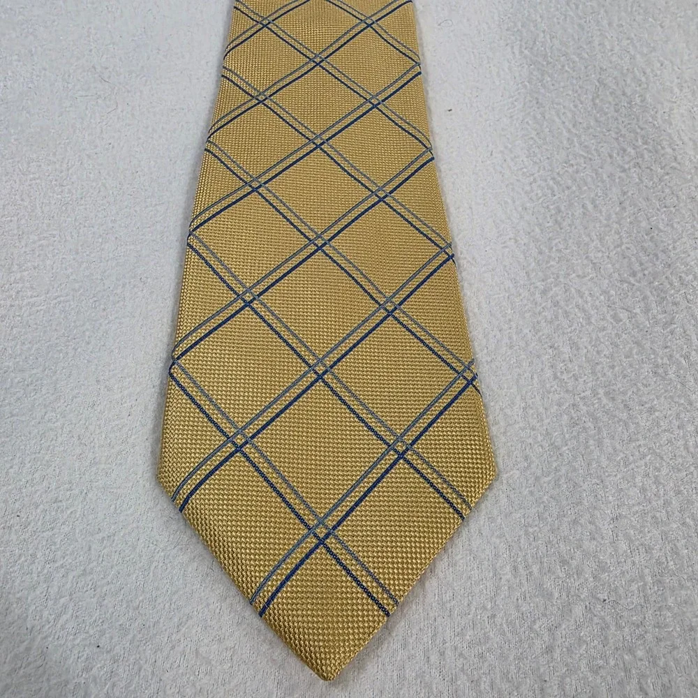 Thomas Pink Mens Yellow Blue Windowpane Check 100% Silk Tie Made in Morocco